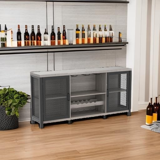 Large Industrial Bar Cabinet with Wine Racks Glass Storage Sideboard Light Grey