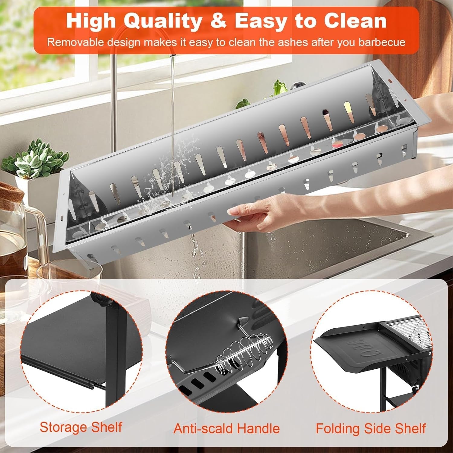 Portable Charcoal BBQ Grill with Storage Shelf Adjustable Height Outdoor Camping