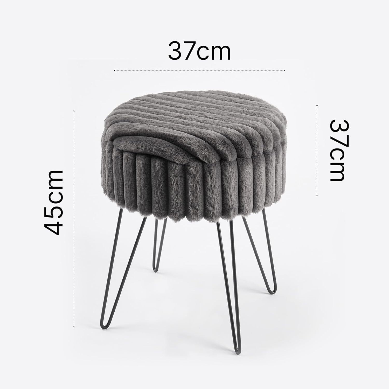 Charcoal Faux Fur Storage Stool Round Footrest Hairpin Leg Ottoman Seat