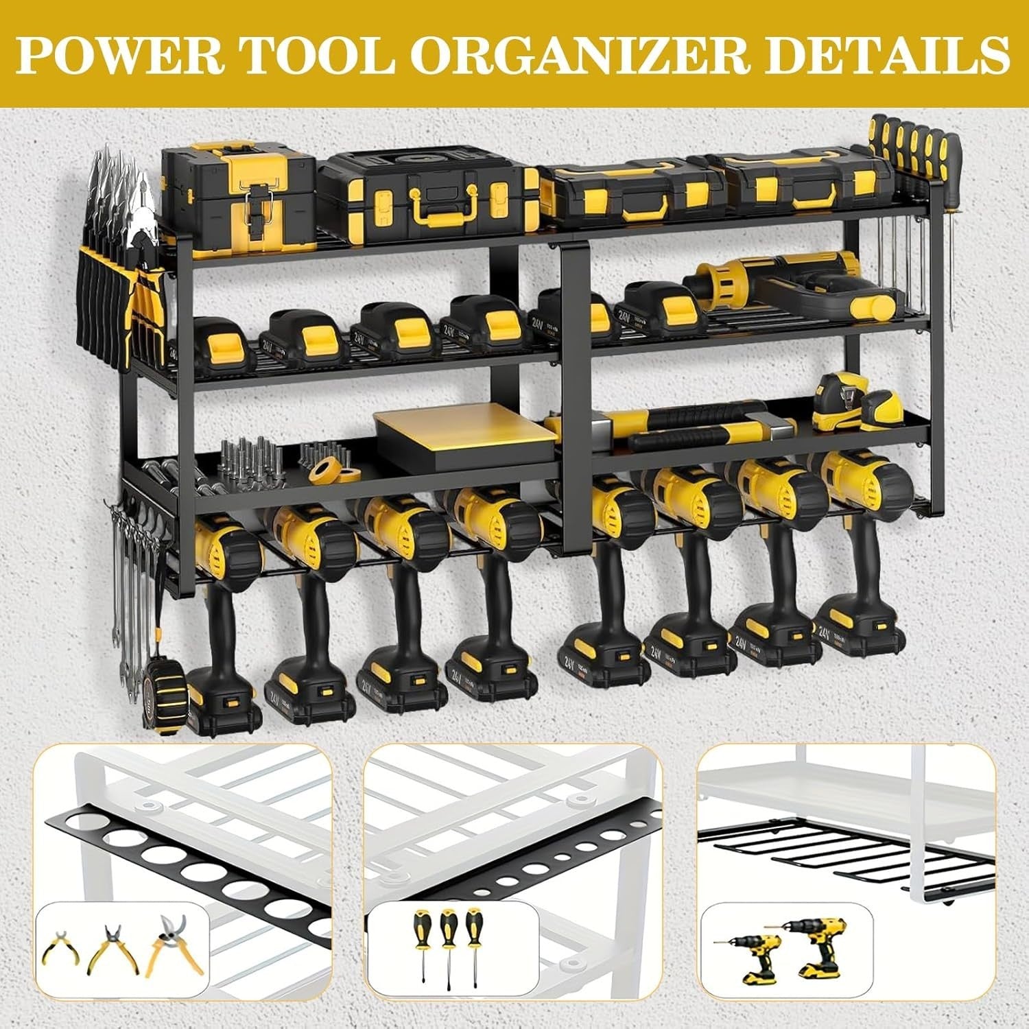 Wall Mount Power Tool Organizer 8 Drill Holders 4 Layers – 200Lbs Load