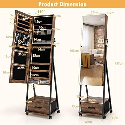 Floor Standing Jewelry Armoire Mirror Lockable Storage Drawer Wheels