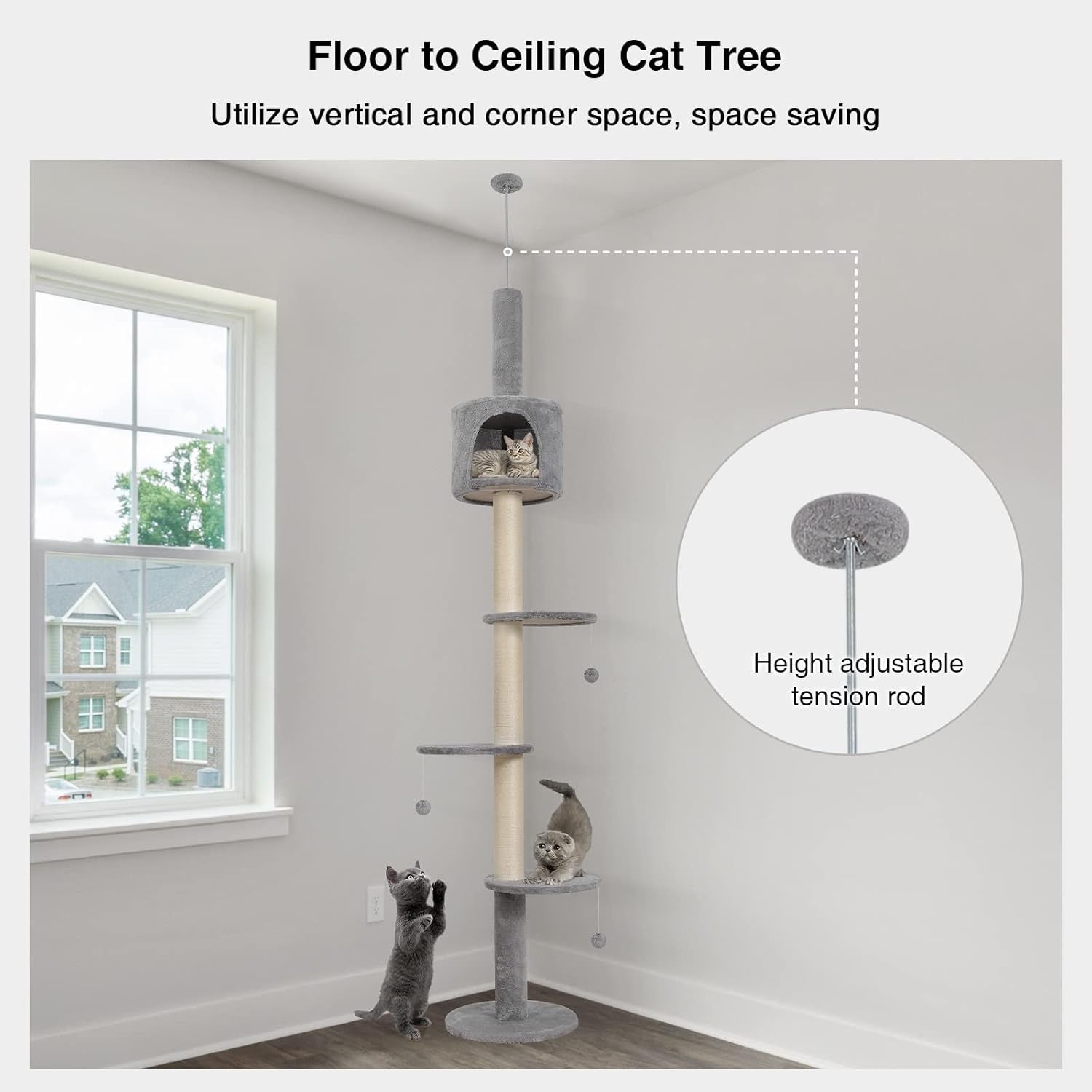 Floor to Ceiling Cat Tree 260cm Adjustable Tower Scratching Post Condo