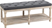 Grey Upholstered Bed End Bench with Shelf, Tufted Seat Storage Ottoman