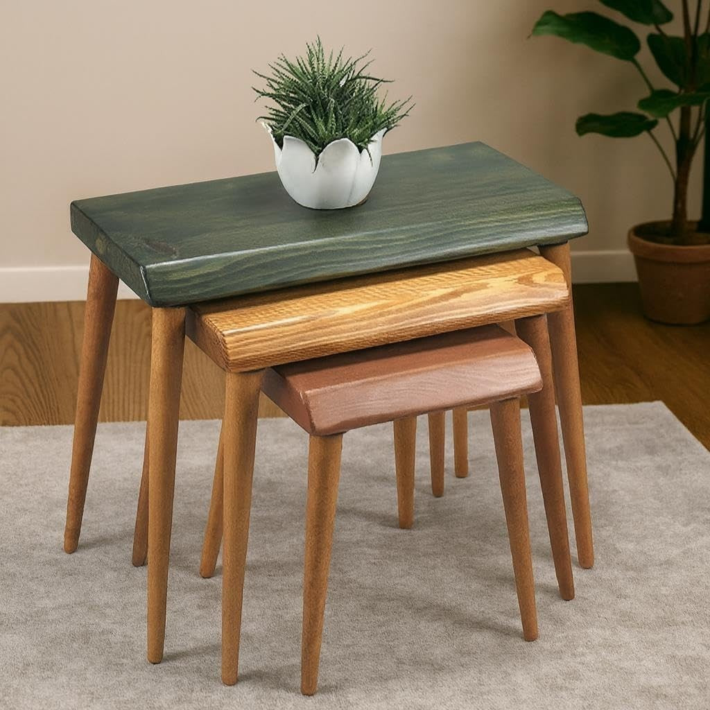 Nesting Coffee Side Tables Wood Modern Rustic Green Teak Copper 3kg