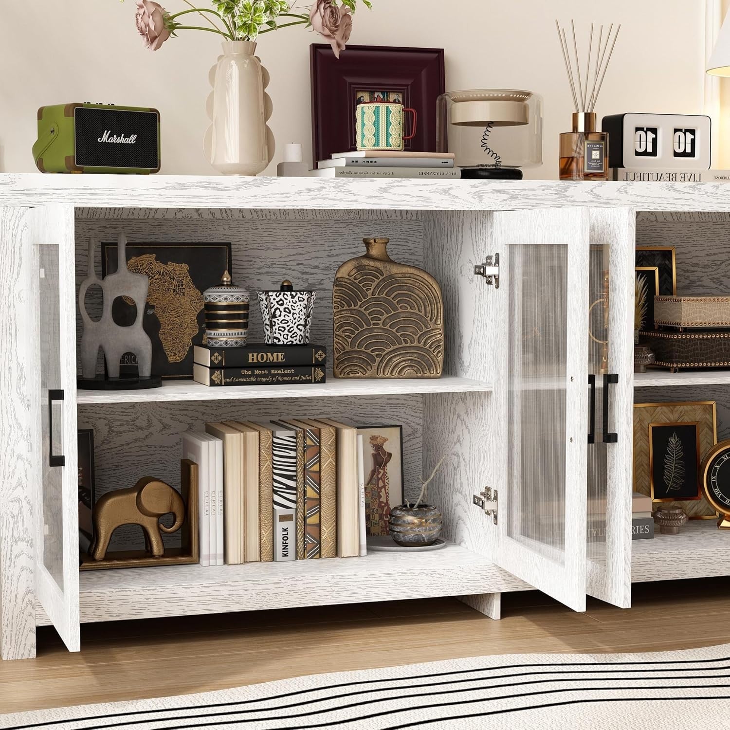Modern White Sideboard Buffet Cabinet 4 Door Glass Storage Unit 180cm
