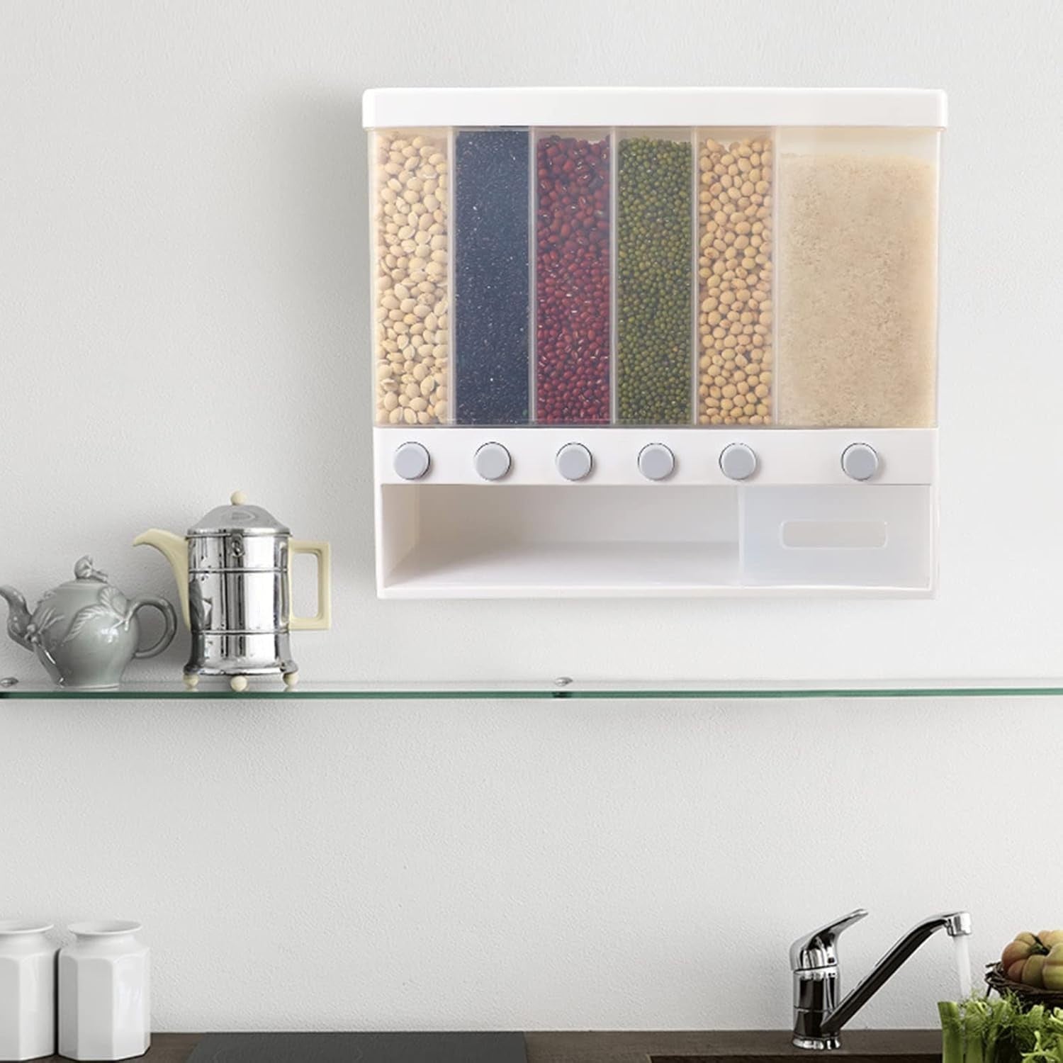 10KG 6 Compartment Cereal Dispenser Transparent Rice Grain Storage Bin