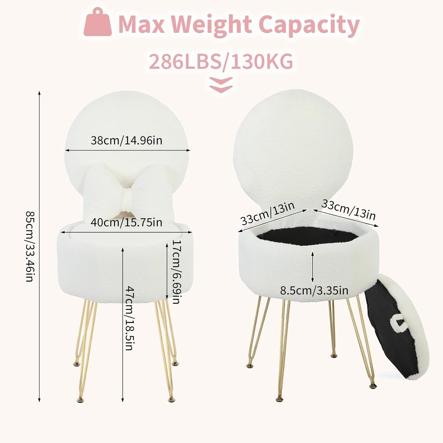 White Sherpa Vanity Chair with Storage & Foldable Back – Makeup Stool