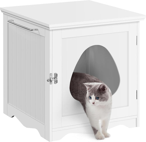 Hidden Cat Litter Box Furniture with Towel Bar, Enclosed Cabinet White