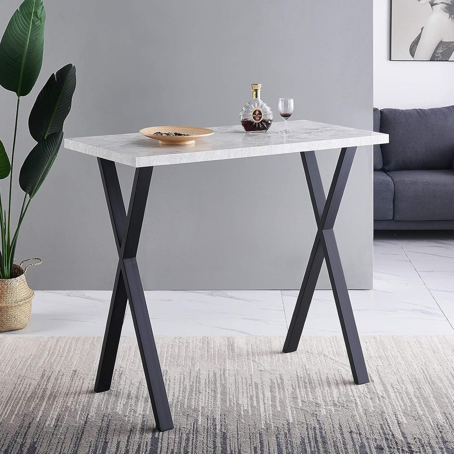Grey Marble Effect Breakfast Bar Table with Metal Legs – Modern Counter Dining