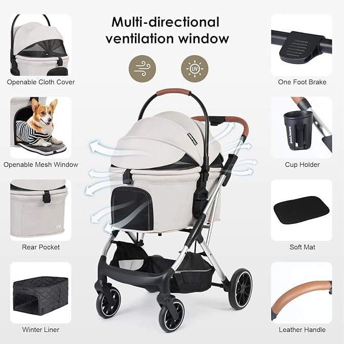 Luxury Pet Stroller 3 in 1 Folding Dog Pram with Detachable Carrier Beige