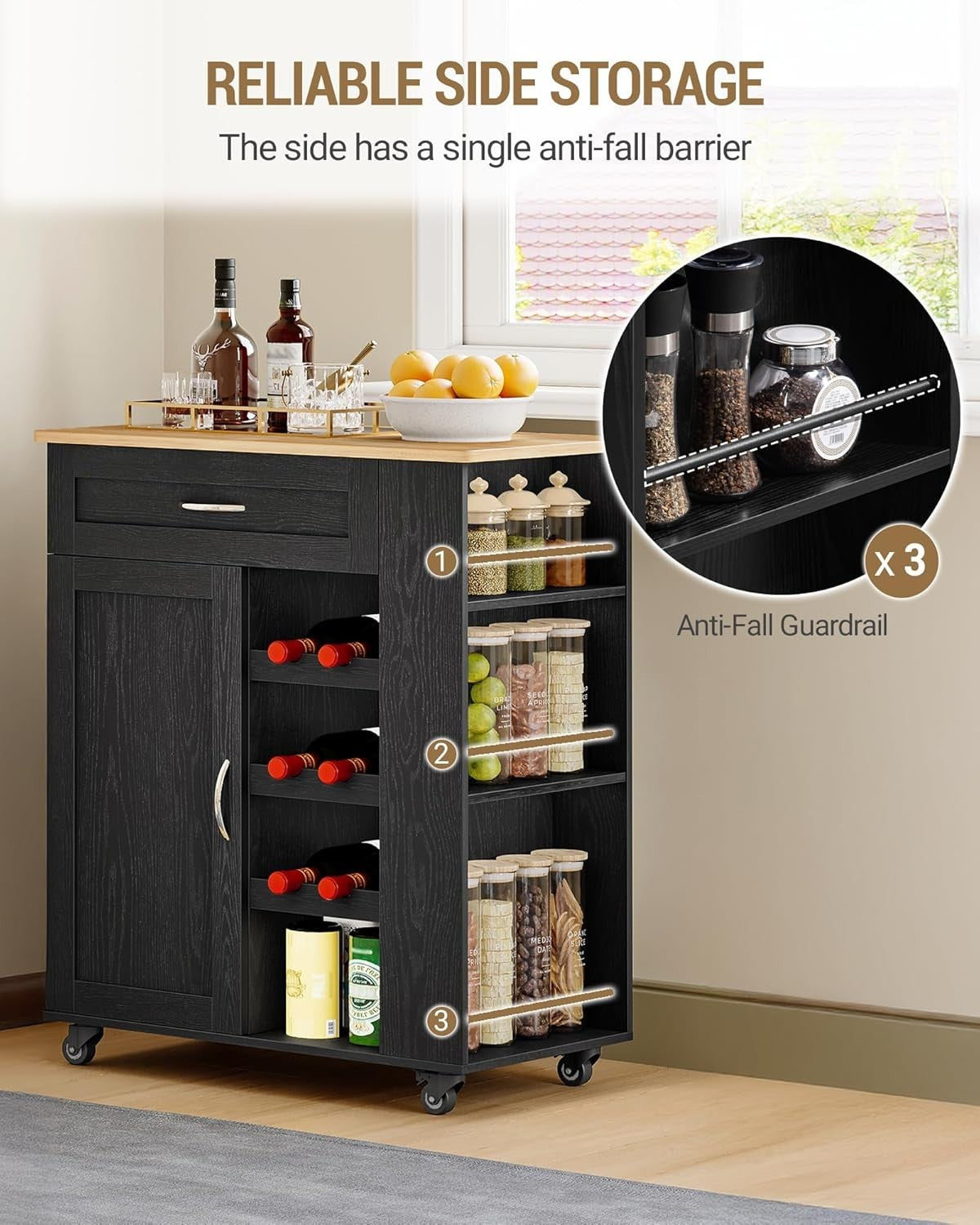 Black Rolling Kitchen Island Cart Wine Rack Drawers Shelves