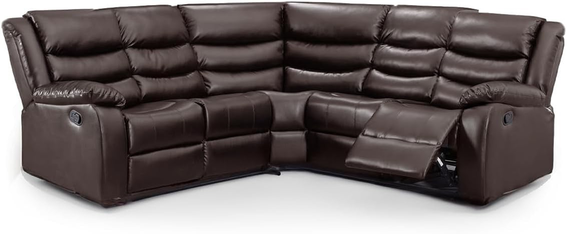Brown Leather Recliner Corner Sofa 5 Seater L Shape Manual + Drinks Tray
