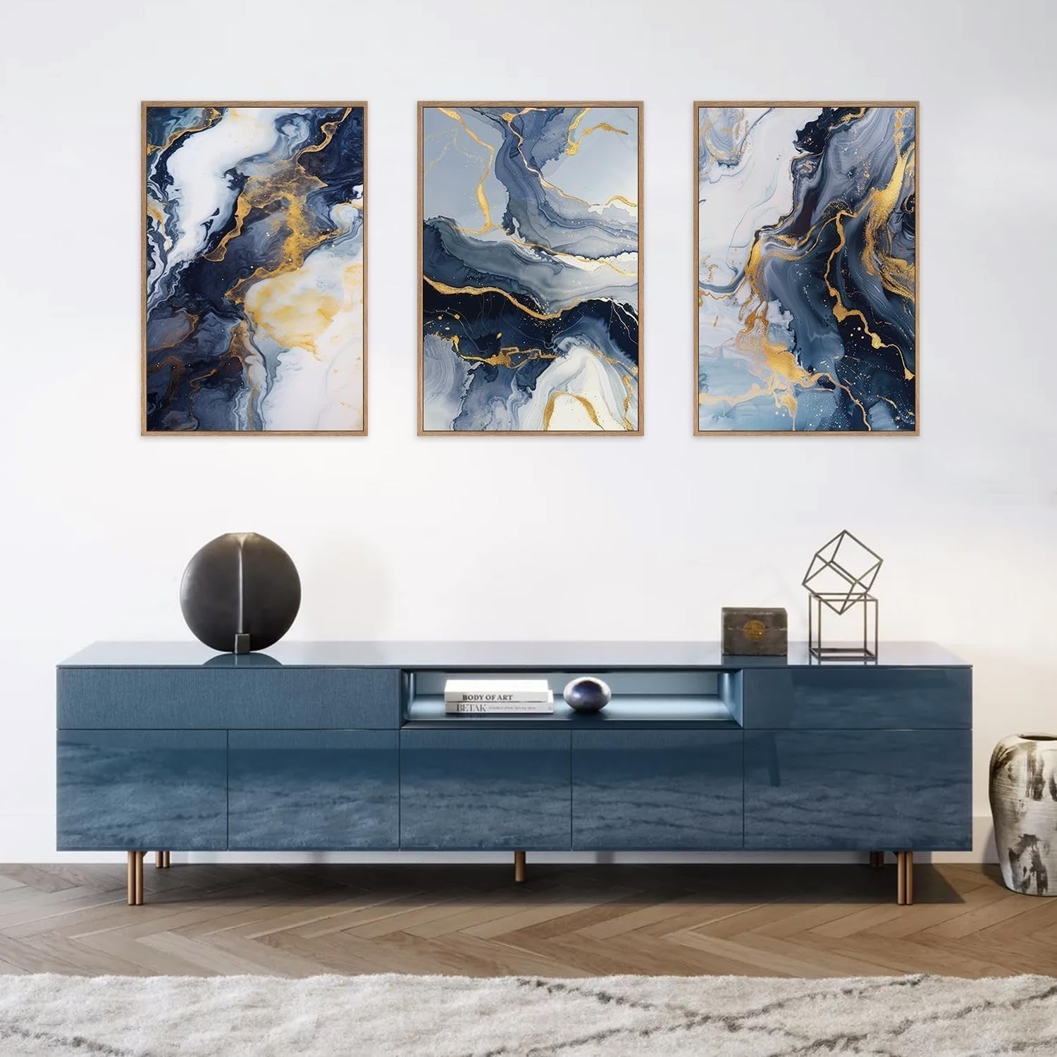 Blue Abstract Framed Canvas Wall Art Set 3 Modern Gold Navy Decor 16x24