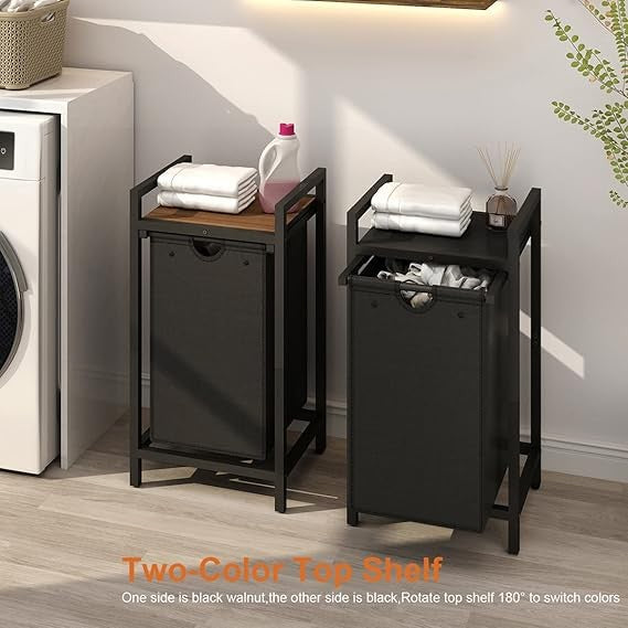 Black Walnut Laundry Hamper with Removable Bag & Wood Top Shelf for Small Spaces