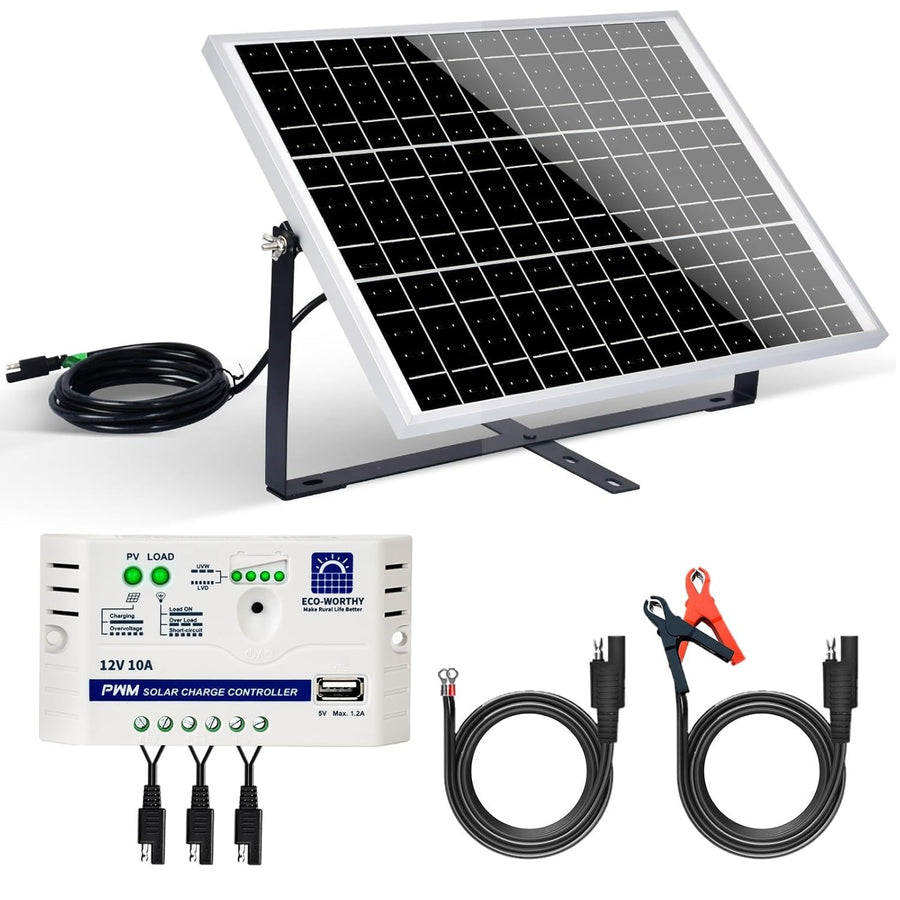 25W 12V Solar Panel Kit w 10A Controller Mount Brackets SAE