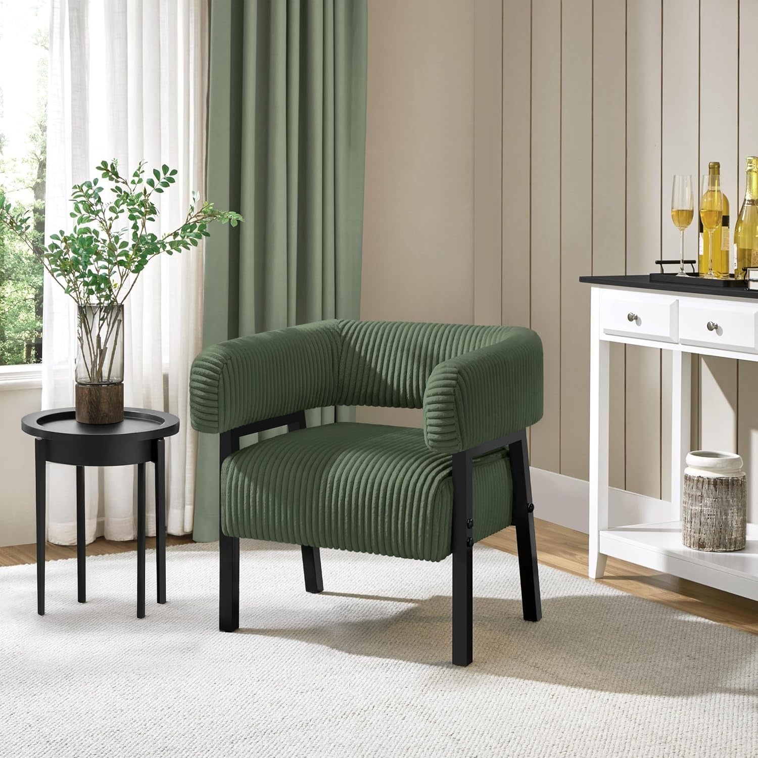 Corduroy Tub Chair Accent Armchair with Pocket Dark Green