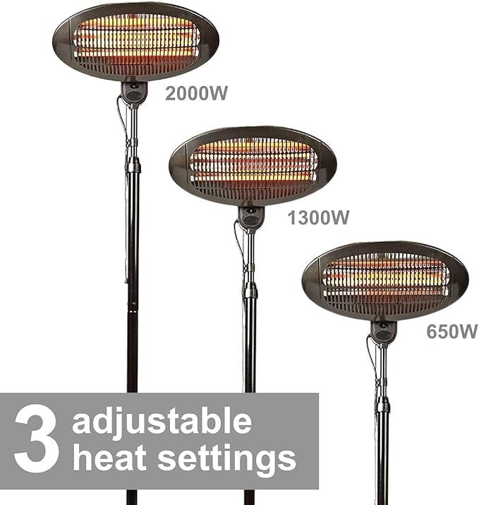 Outdoor Electric Patio Heater 2000W Freestanding Quartz 3 Heat Settings IP34
