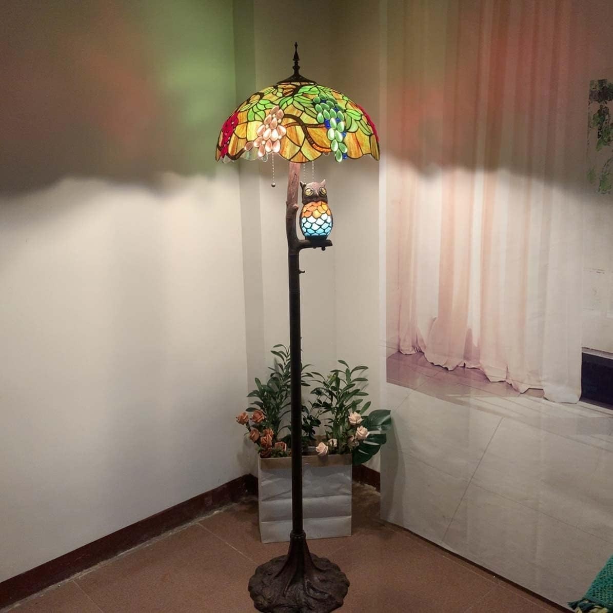 Stained Glass Floor Lamp 65" Tall, 18" Shade, Owl Design, 4-Light Antique