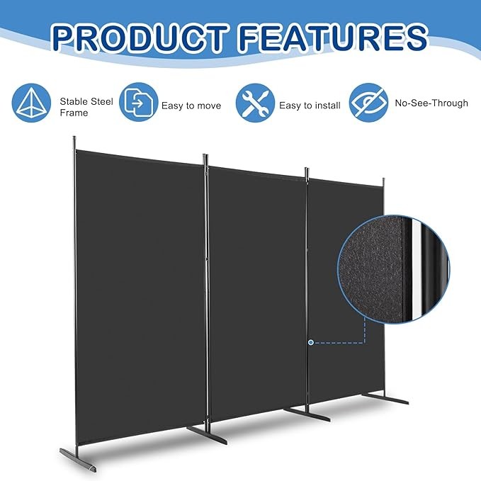 Black 3 Panel Room Divider 6FT Folding Privacy Screen – Portable Partition Wall