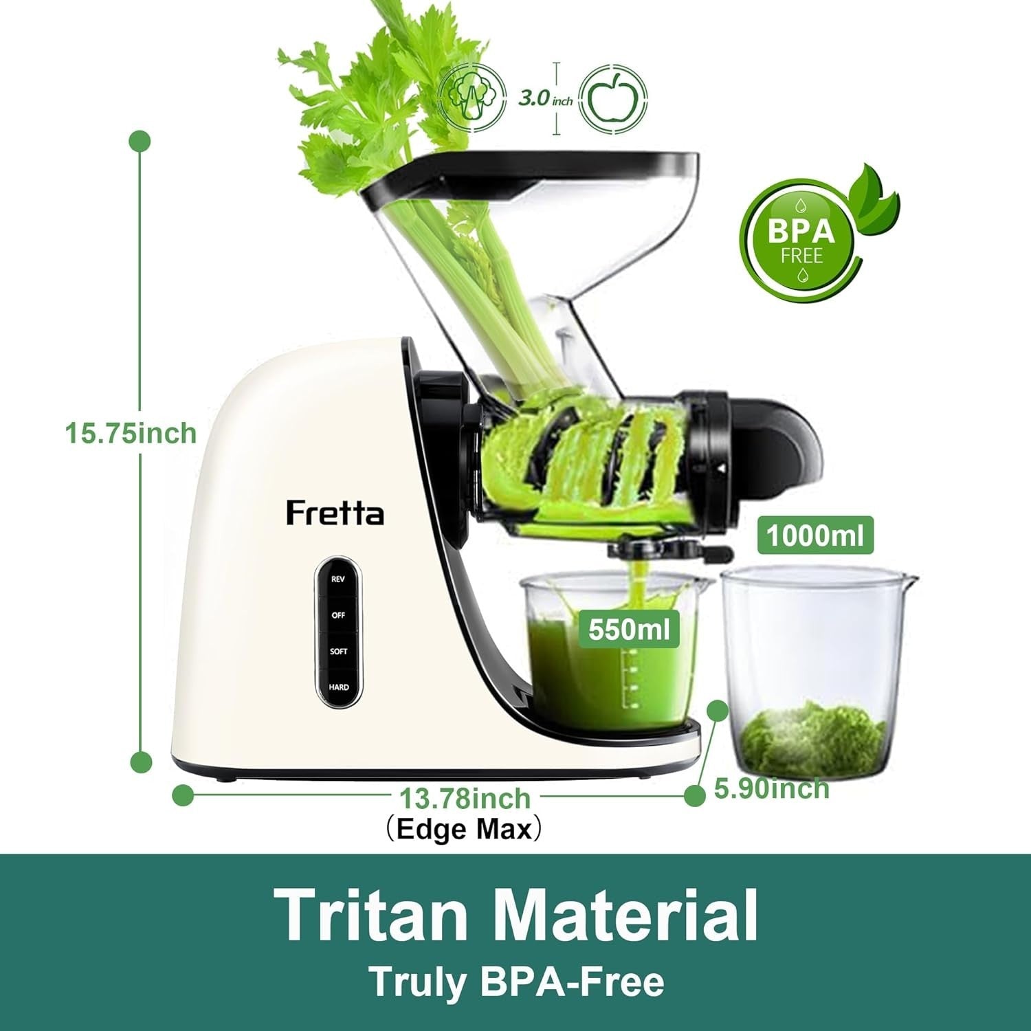White Cold Press Juicer 200W Quiet Slow Masticating Wide Feed Chute