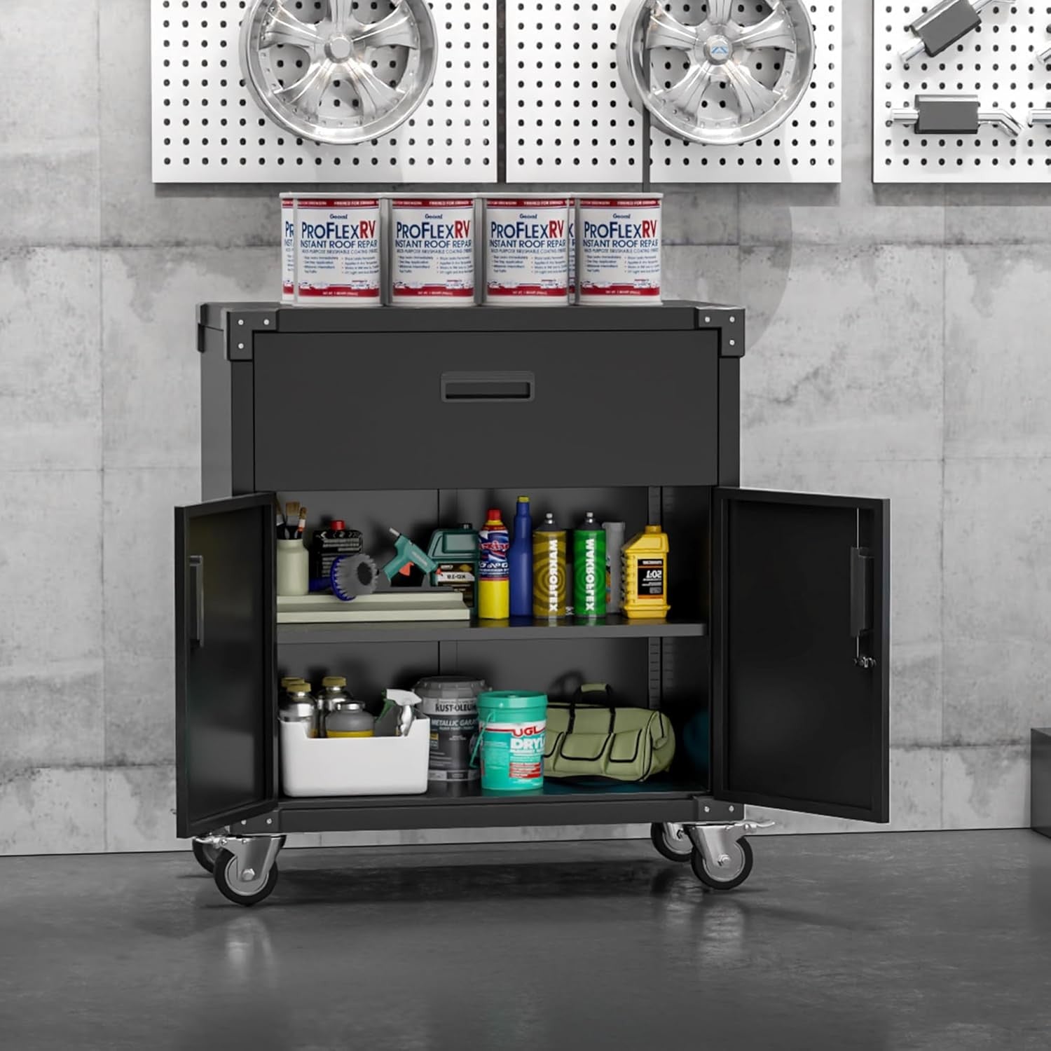 Metal Storage Cabinet with Wheels 2 Doors 1 Drawer Garage Office Organizer