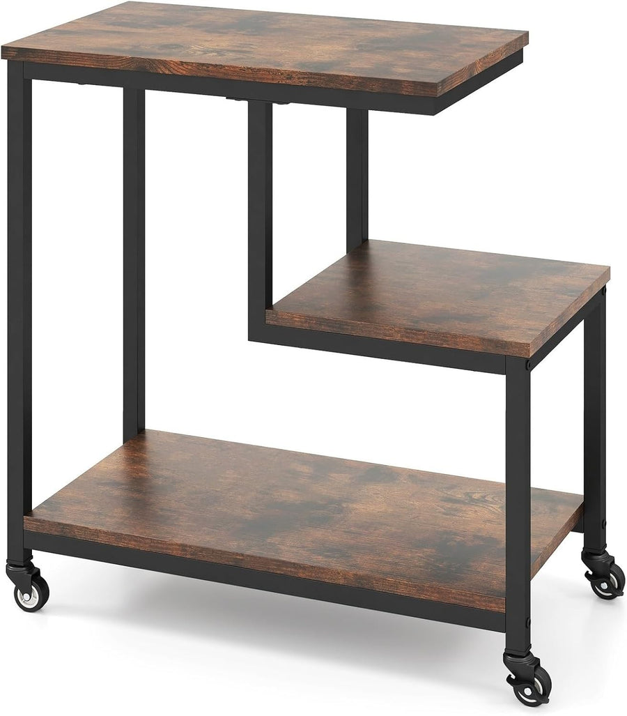 3-Tier G-Shaped Sofa Side Table with Wheels | Storage Shelf & End Stand