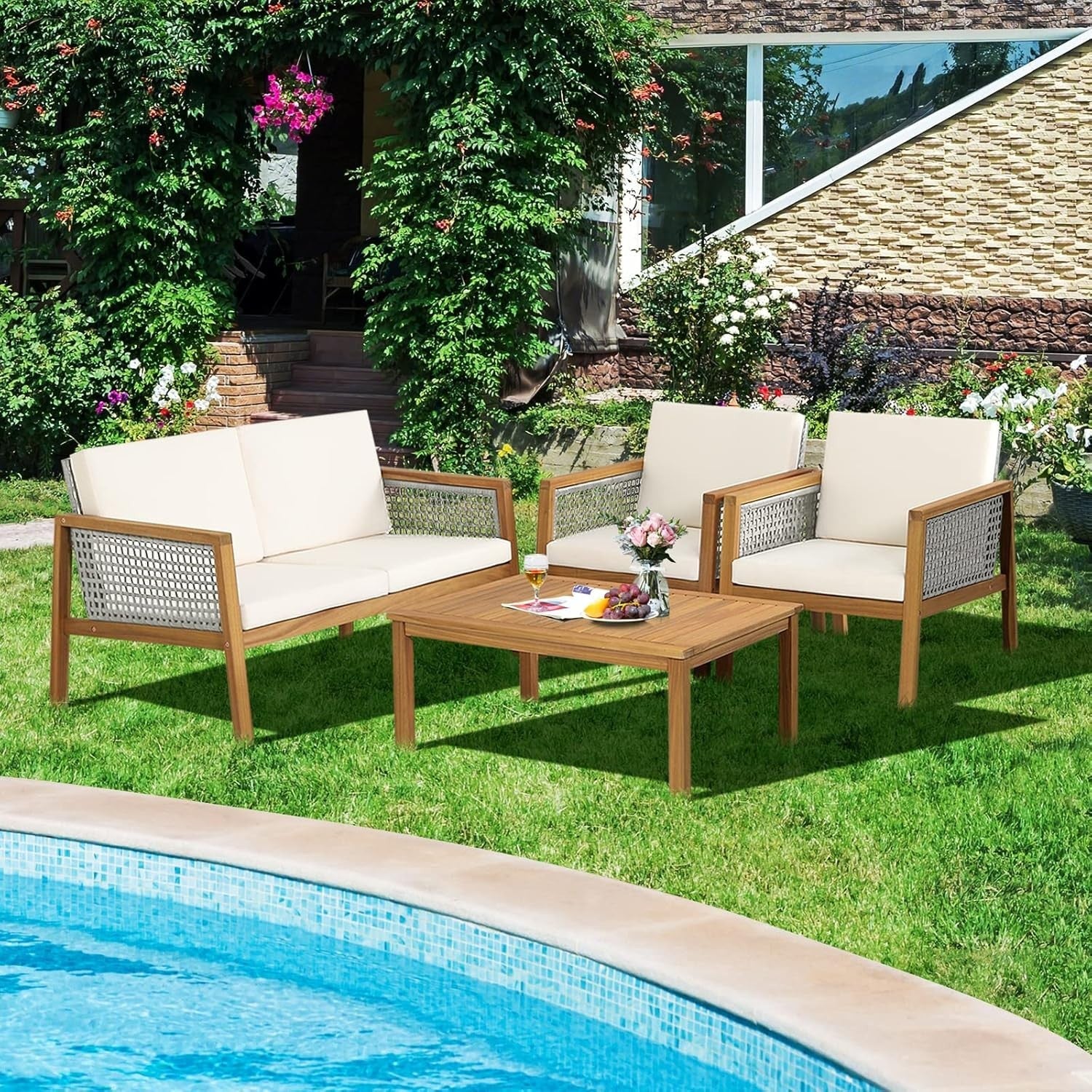 4PC Acacia Rattan Garden Sofa Set Outdoor Patio Seating w/ Table