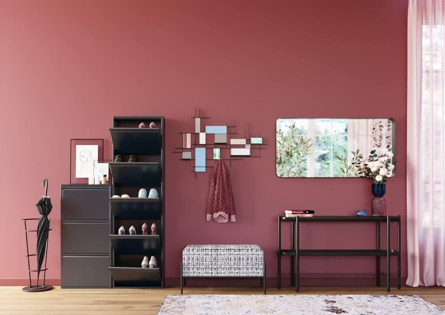 Slim 5-Drawer Shoe Cabinet Anthrazit– Space-Saving Metal Tilt Rack 170x50x15cm