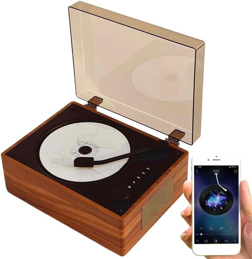 Retro Bluetooth CD Player Rechargeable Speakers USB AUX Remote Brown