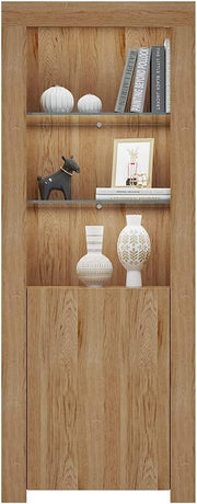 Tall Oak Display Cabinet Glass Shelves LED Light Modern Storage Unit