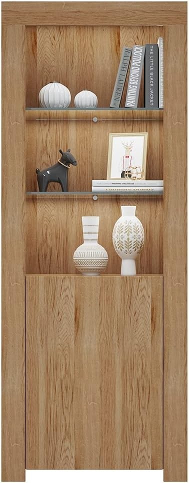 Tall Oak Display Cabinet Glass Shelves LED Light Modern Storage Unit