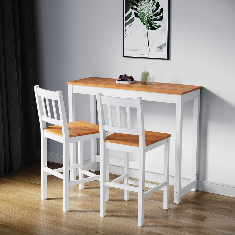 3-Piece Solid Wood Bar Table and 2 Chairs Set, Compact Dining – Honey White