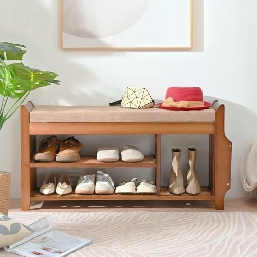 Bamboo Shoe Storage Bench 2 Tier with Cushion Drawer Side Holder Brown 39inch
