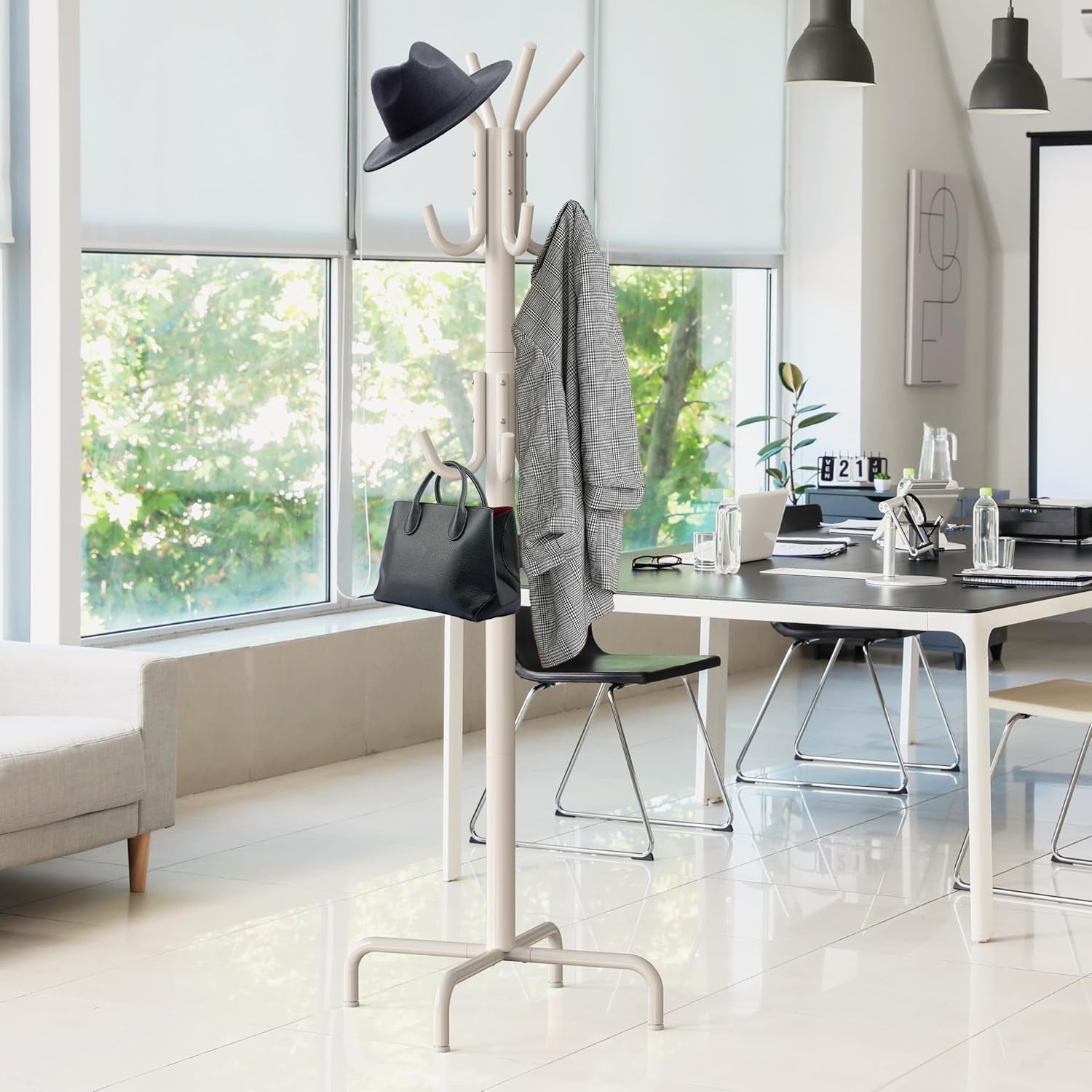 White Metal Standing Coat Rack | 12 Hook Freestanding Clothes & Hat Organizer