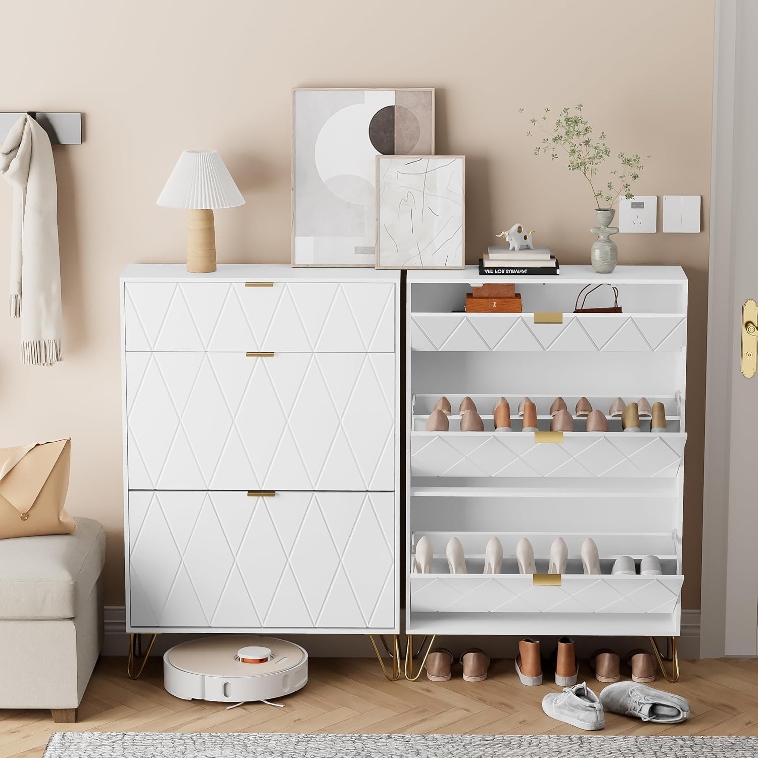 White Tilting Shoe Cabinet 3 Compartments Hidden Shelf Storage 80x24x120cm