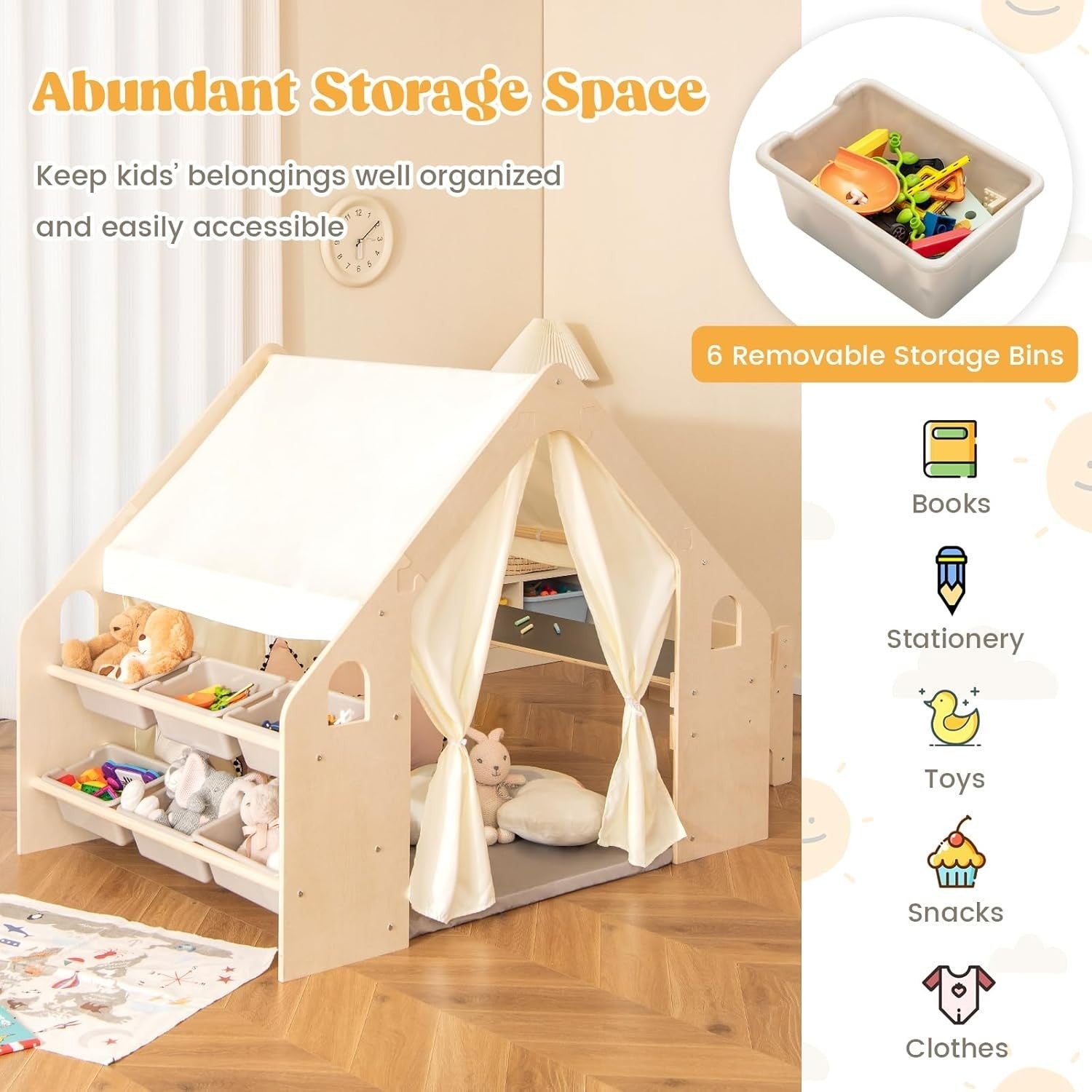 Kids Wooden Playhouse Tent with Table Chair Set, Blackboard & Storage Bin