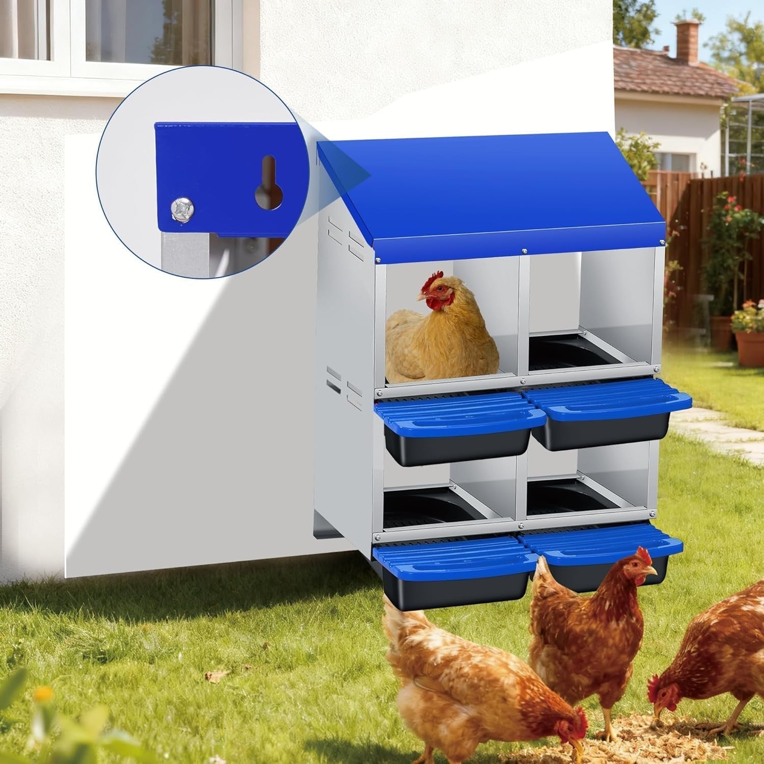 4 Chamber 2 Tier Steel Chicken Nest Box Pull Out Tray