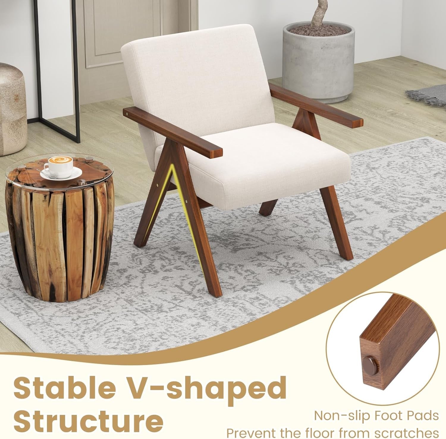 Beige Linen Accent Armchair Acacia Wood Frame Lounge Chair