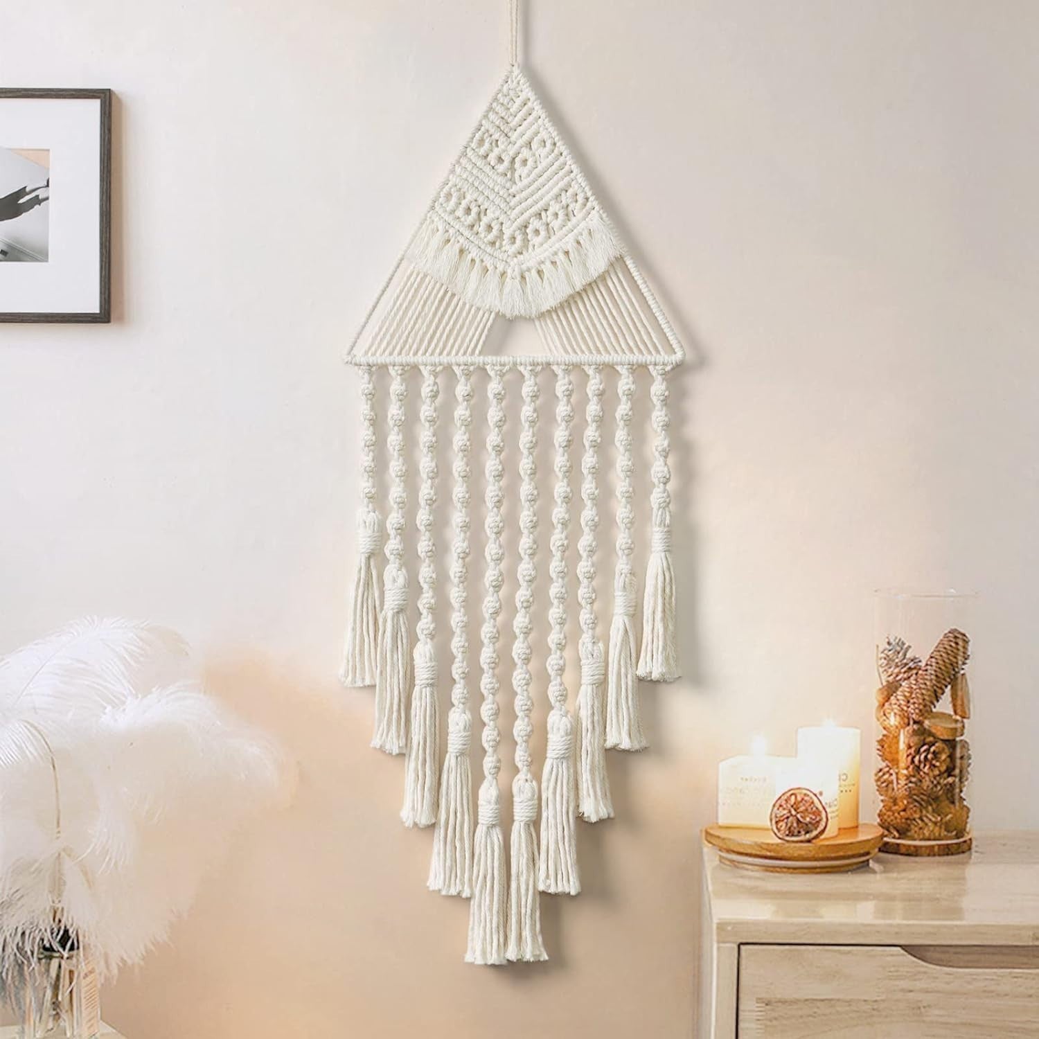 Beige Triangle Macrame Wall Hanging Boho Tassel Decor 70cm