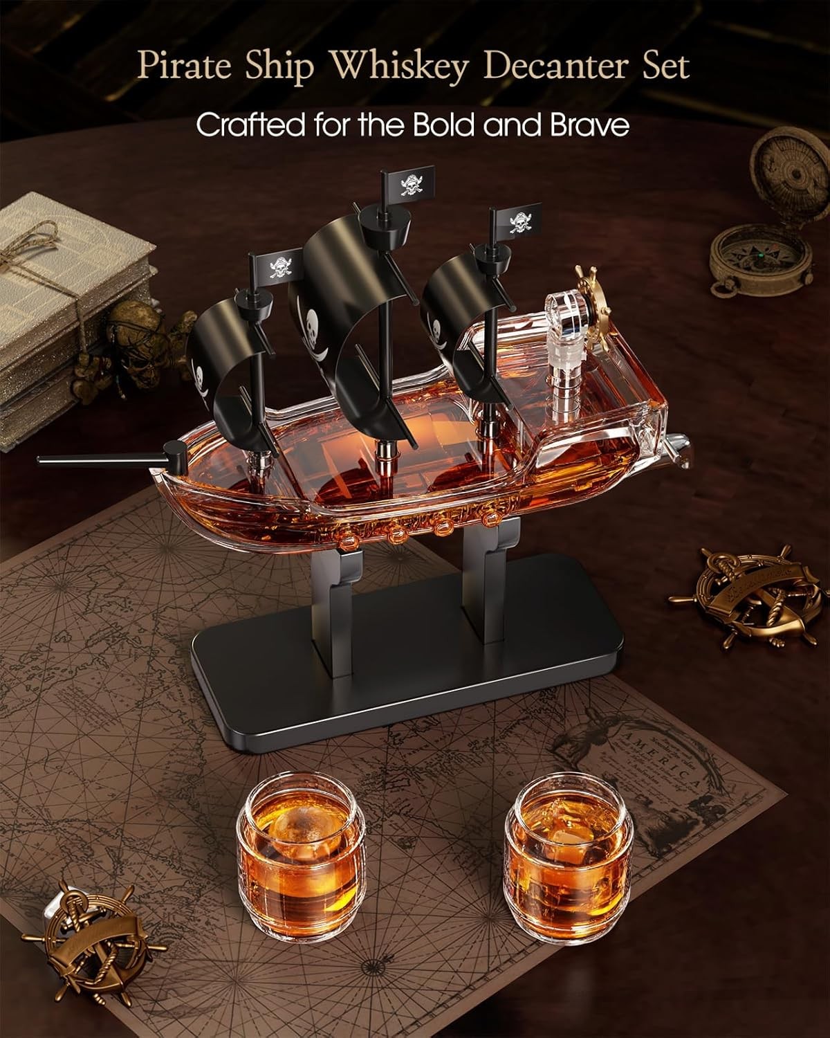 Pirate Ship Whiskey Decanter Set with 2 Glasses | 1L Liquor Dispenser Gift