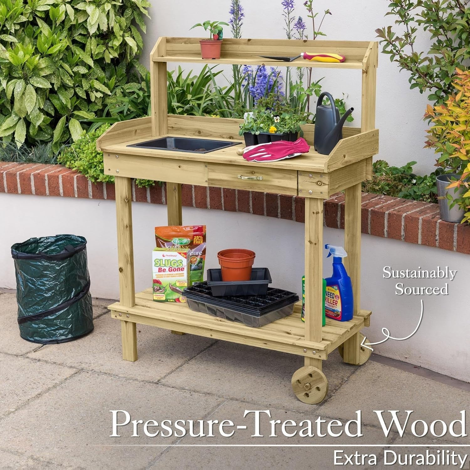 Wooden Garden Potting Table With Wheels Tray Drawer Shelves Outdoor Bench