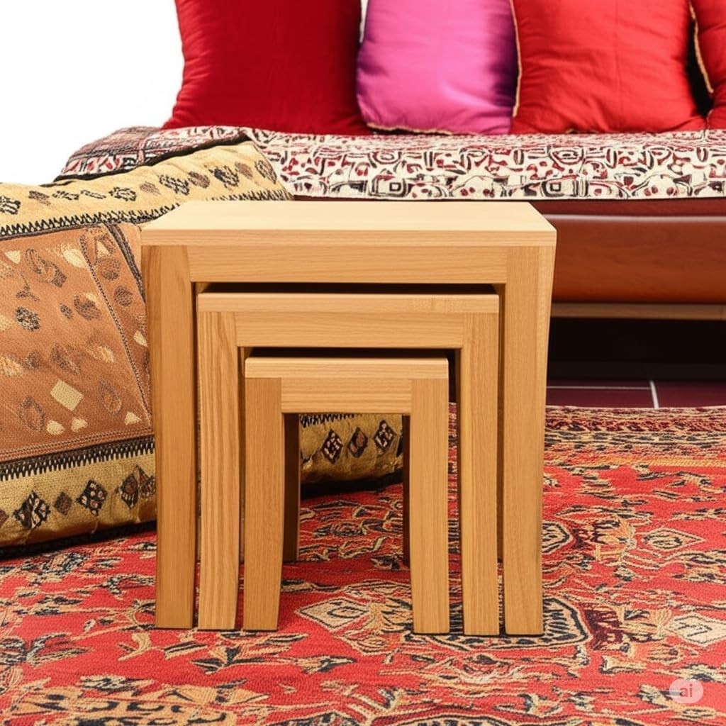 Oak Wood Nesting Coffee Tables Set 3 Curved Legs Rectangular Living Room Home