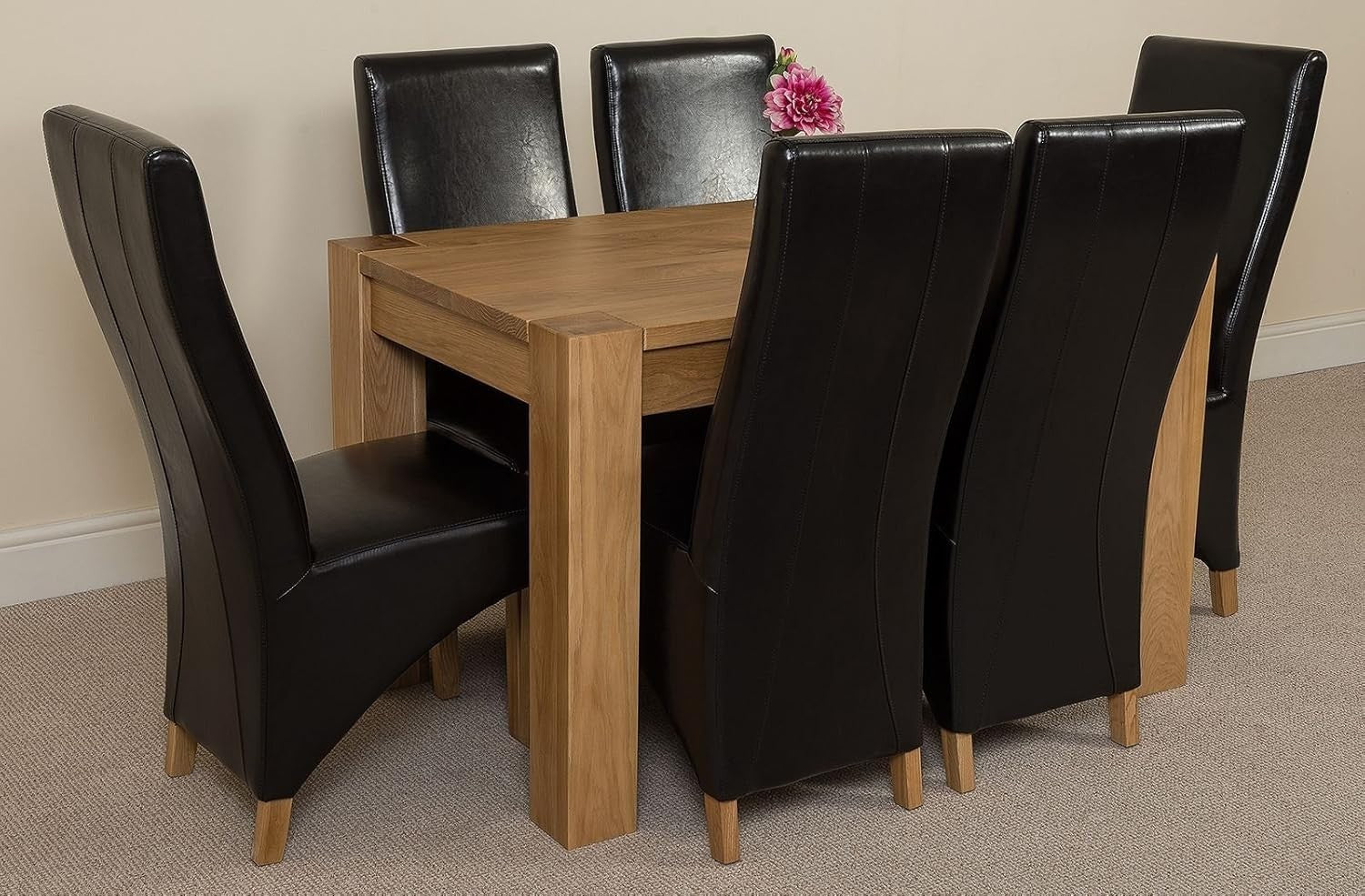 Oak Dining Table Set 6 Black Leather Chairs Solid Wood Compact 125cm