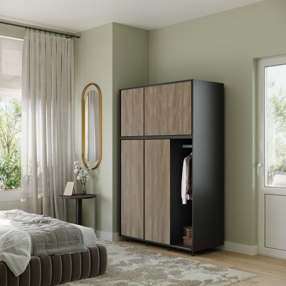 6-Door Oak Sliding Wardrobe with Adjustable Feet & Spacious Bedroom Storage