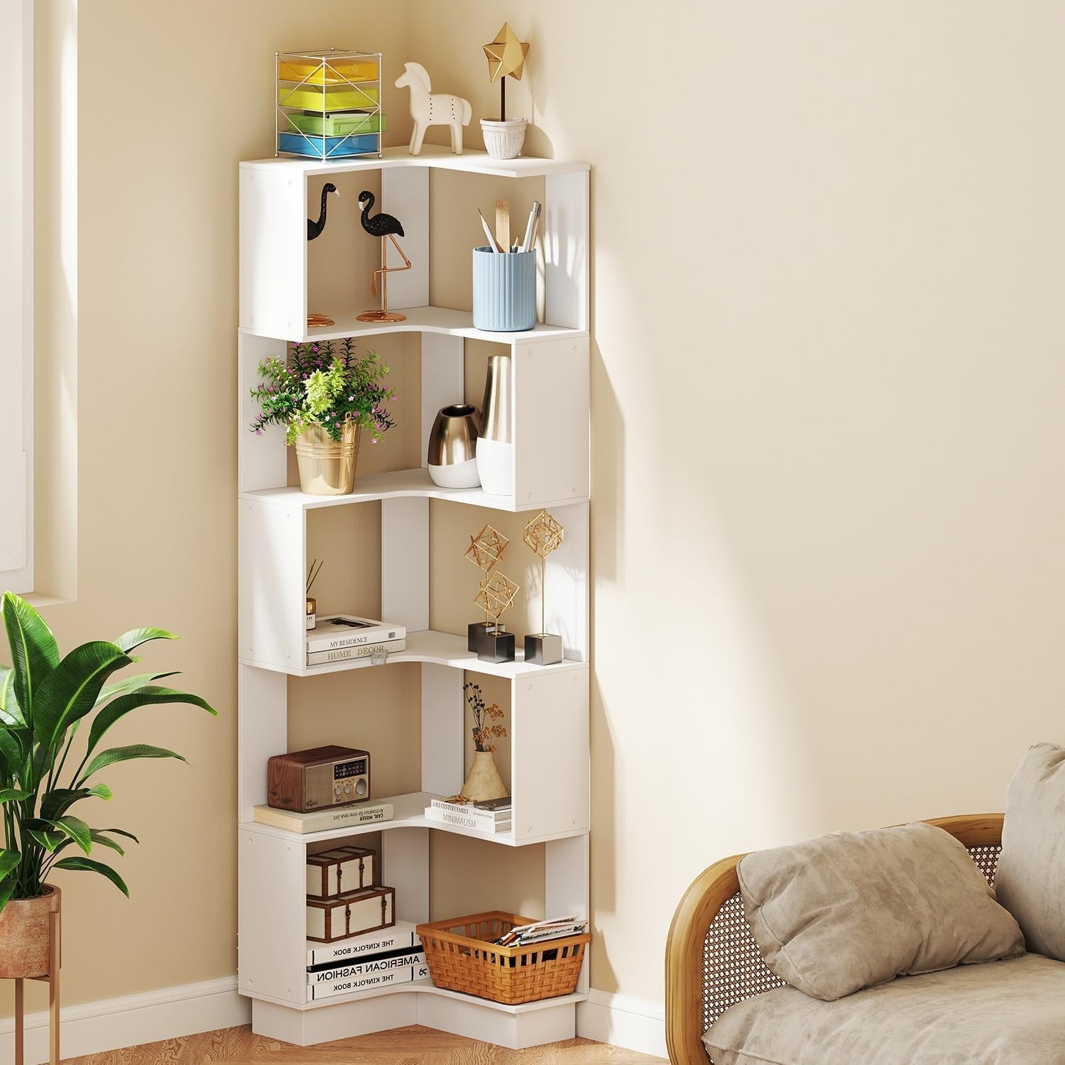 5-Tier Corner Bookshelf White Freestanding Slim Storage Display Unit 175cm