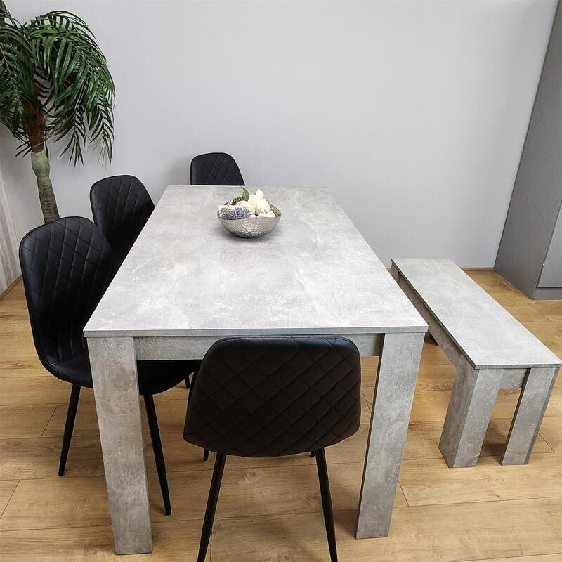 6 Seater Dining Table Set with Bench Grey Stone Effect Wood & Black Chairs