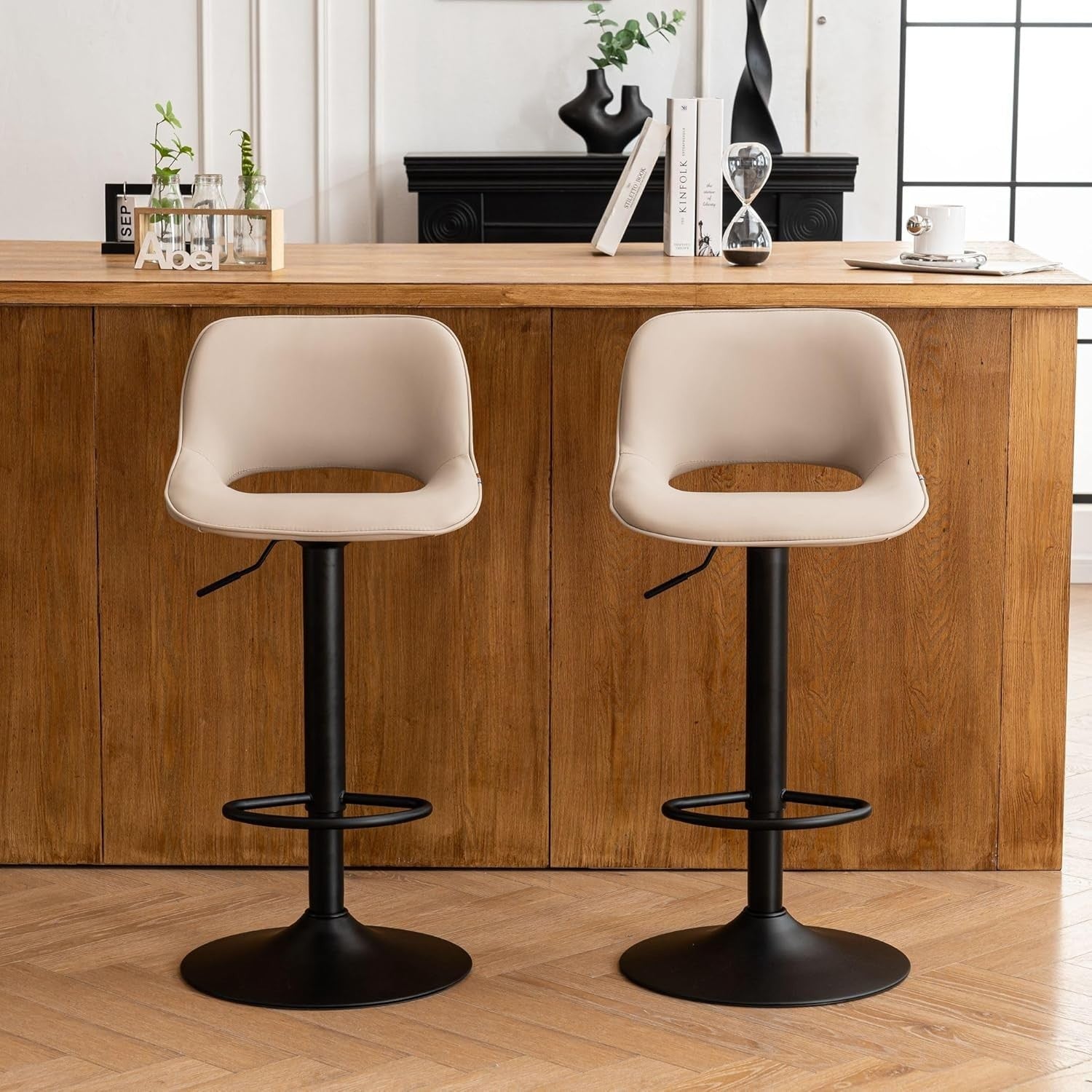 Adjustable Swivel Bar Stools 2pcs Faux Leather Counter Height Khaki