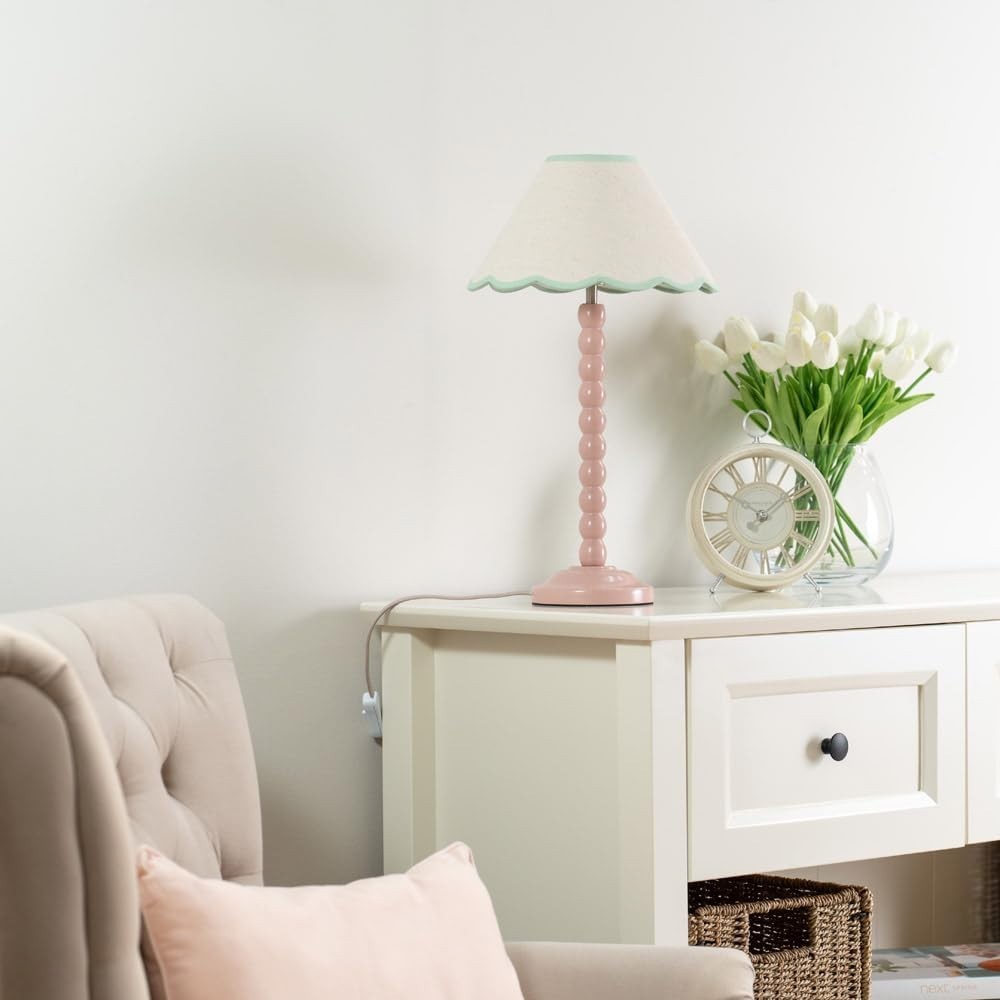 Rose Pink Bobbin Table Lamp Green Trim Scallop Shade Bedside 45cm