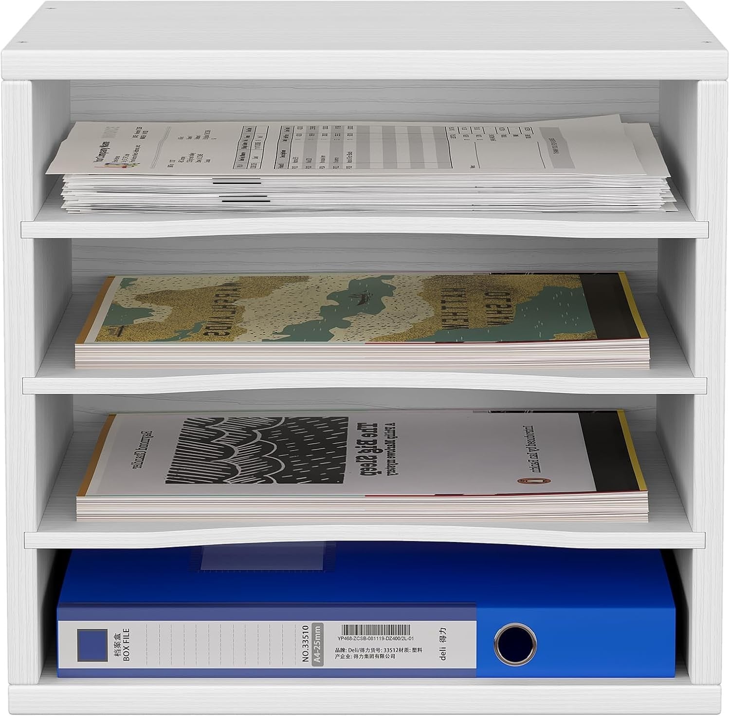 4 Tier A4 Desk File Organizer Wooden Paper Tray Office Magazine Rack White