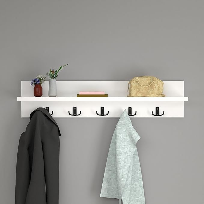 Wall Mounted Coat Rack 80cm White Shelf 5 Hooks Floating Entryway Storage